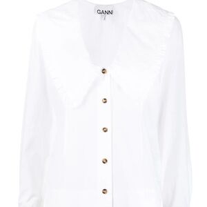 Ganni White Button-Down Shirt with Frilled Collar